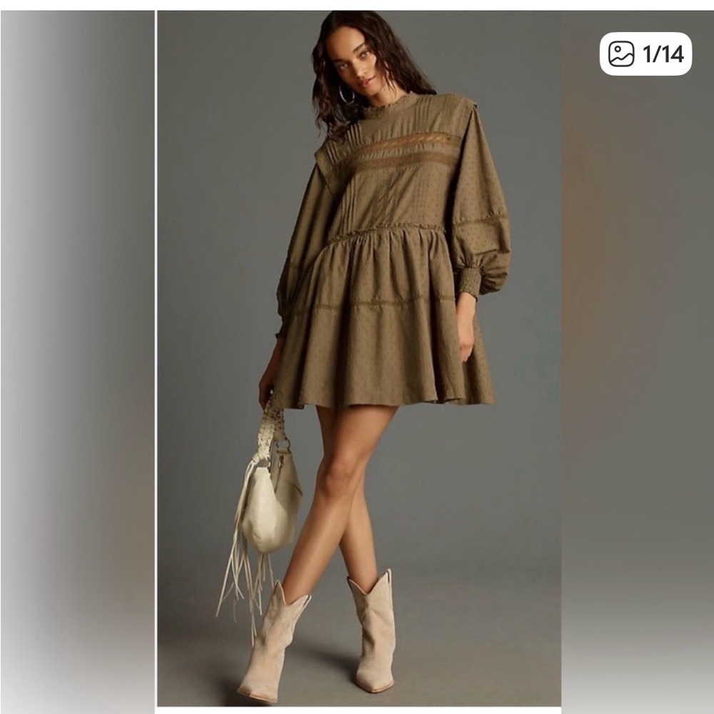 Pilcro Anthropologie Long Sleeve Mock Kneck Swing Dress Boho Cotton Mini S